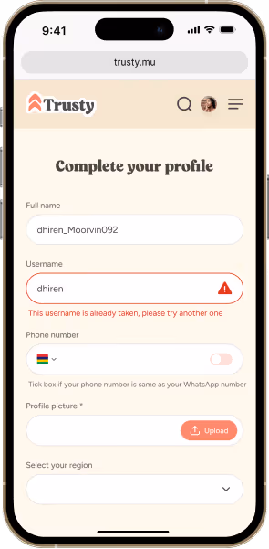 Mobile screen showing a profile completion form with full name, username error message saying username taken, phone number, profile picture upload, and region selection.